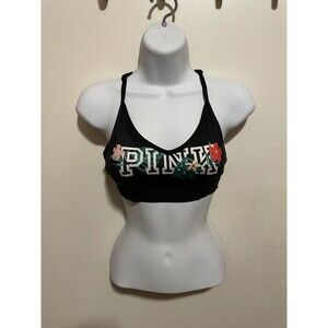 Victoria Secret PINK Sports Bra Small Black Floral Spell Out Logo Adjustable